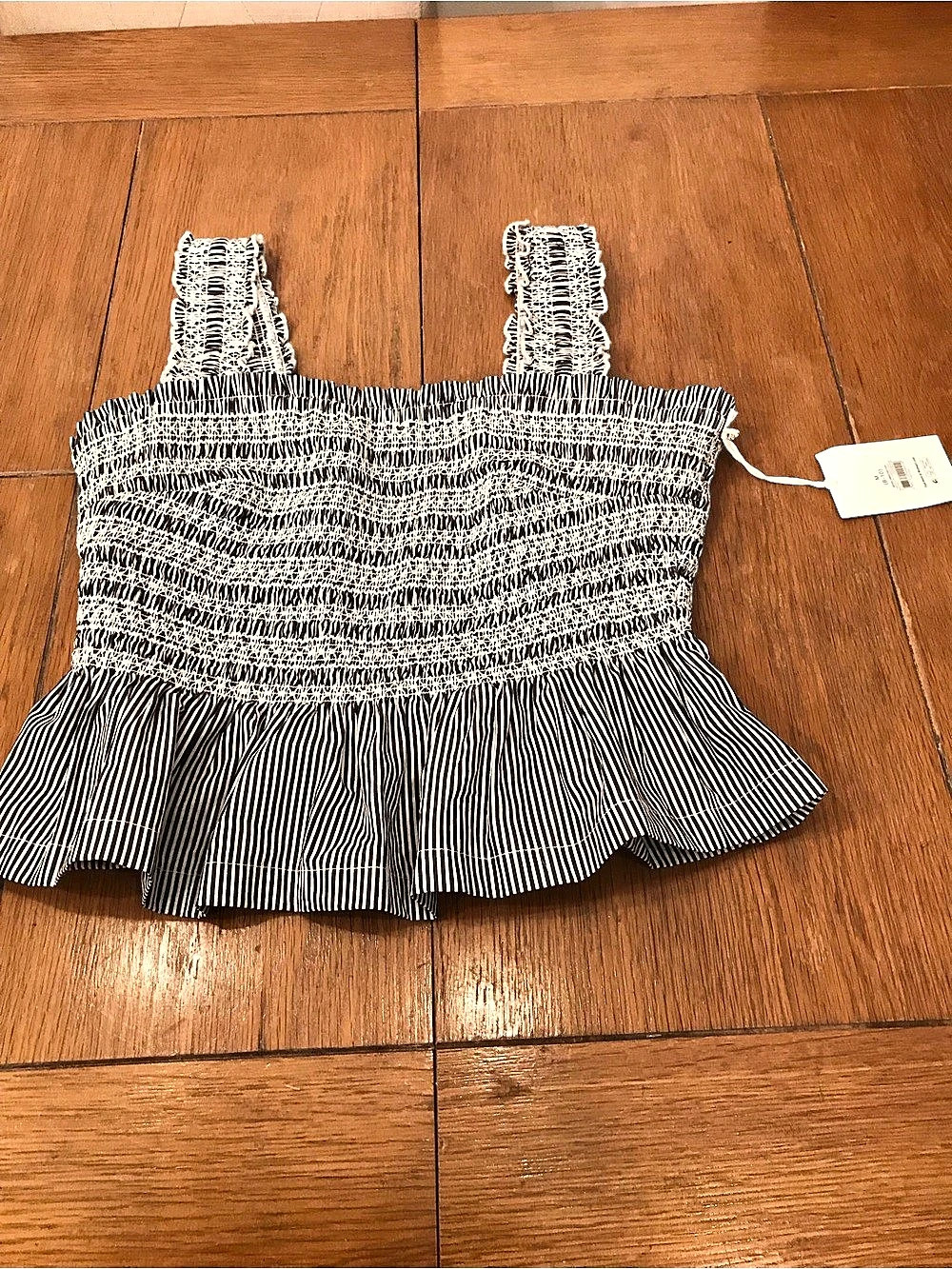 Free Assembly Striped Smocked Crop Top in Black & White Size Medium NWT